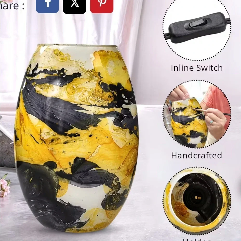 Handcrafted Marble Printed Black & Yellow Glass Lamp